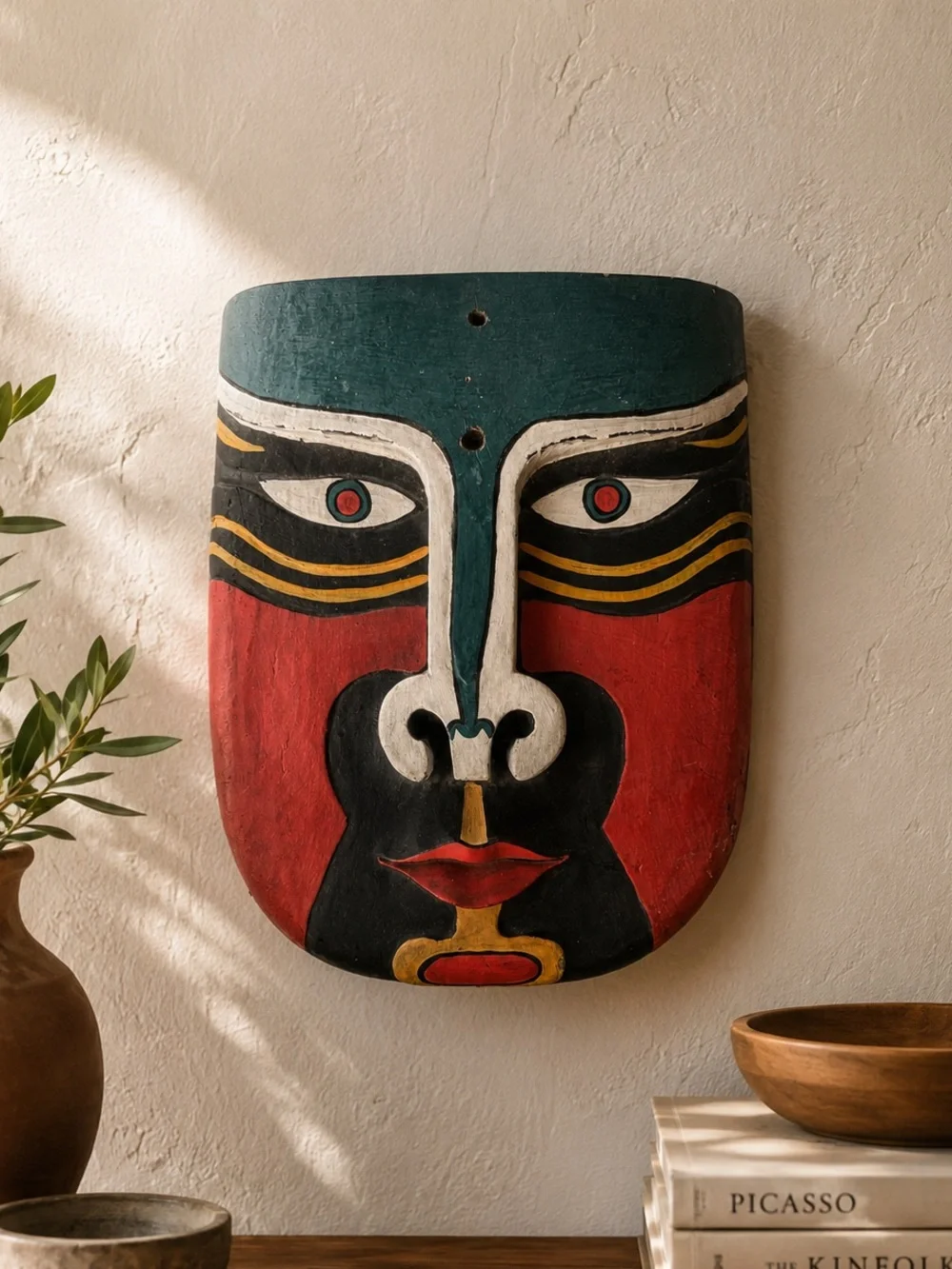 Handcrafted Tribal Mask Art in Red, Black & Teal Vintage Wall Hanging